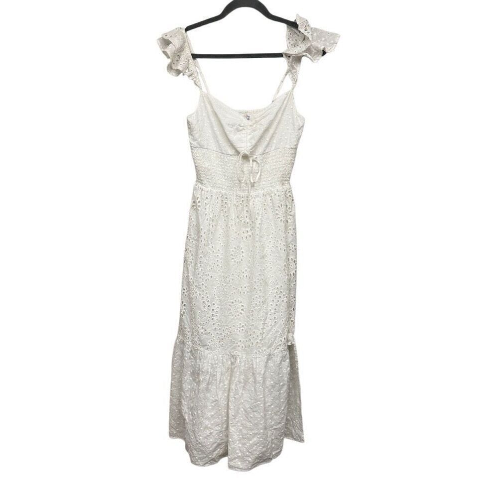 Rays for days Clarissa dress  white smocked eyelet open slit midi dress size med